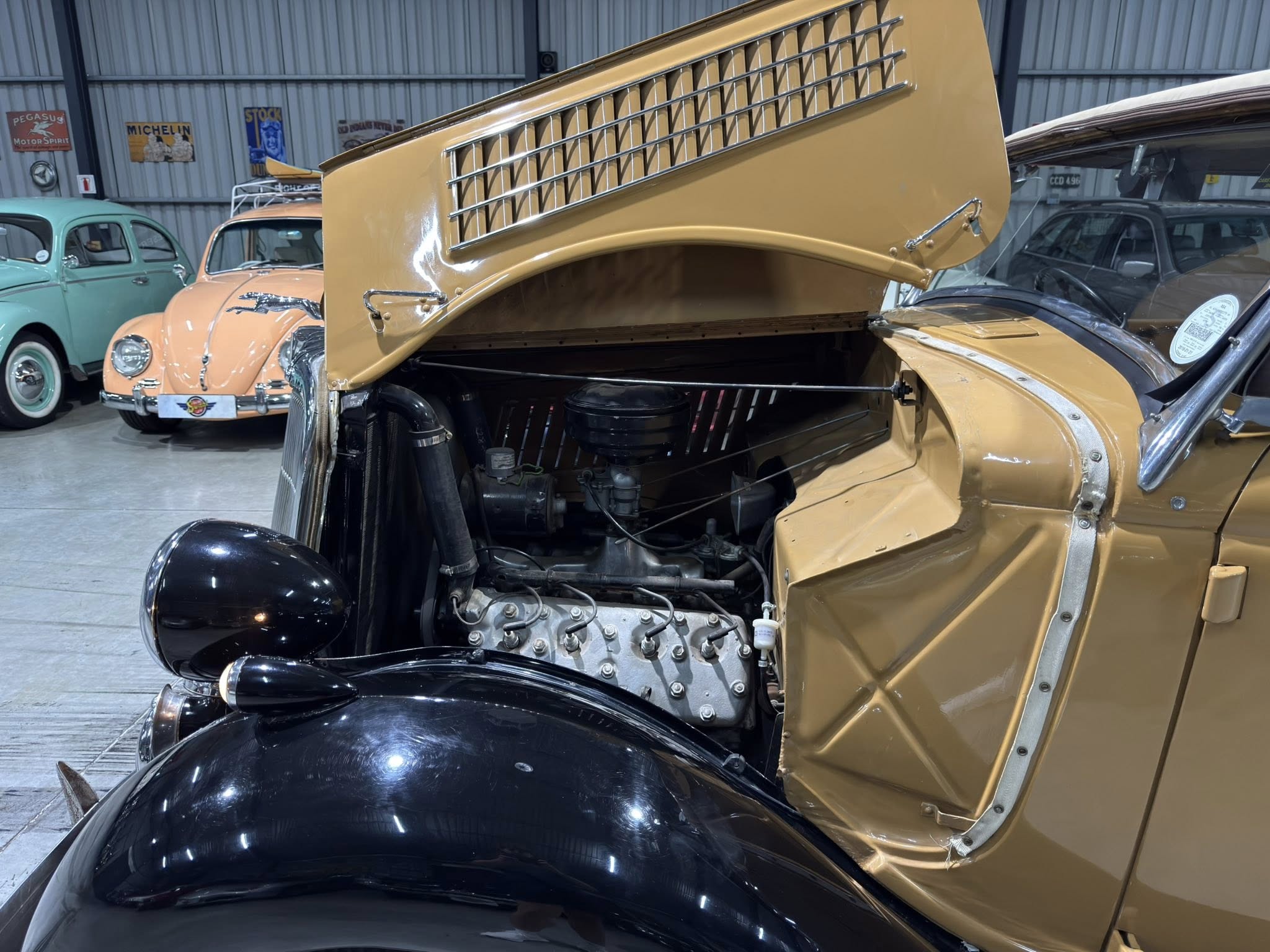 Vintage gold car with its hood open, revealing its engine, in a classic car showroom. A mint teal car and peach sedan sit in the background under vintage signs.