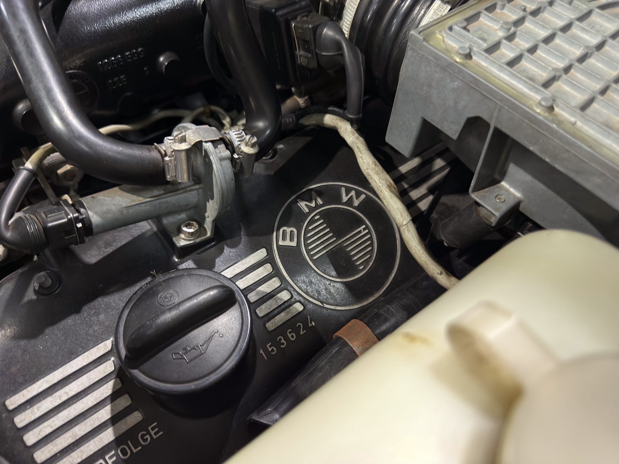 Close-up of a BMW engine bay showing the oil filler cap, battery, and surrounding hoses/hoses and components.