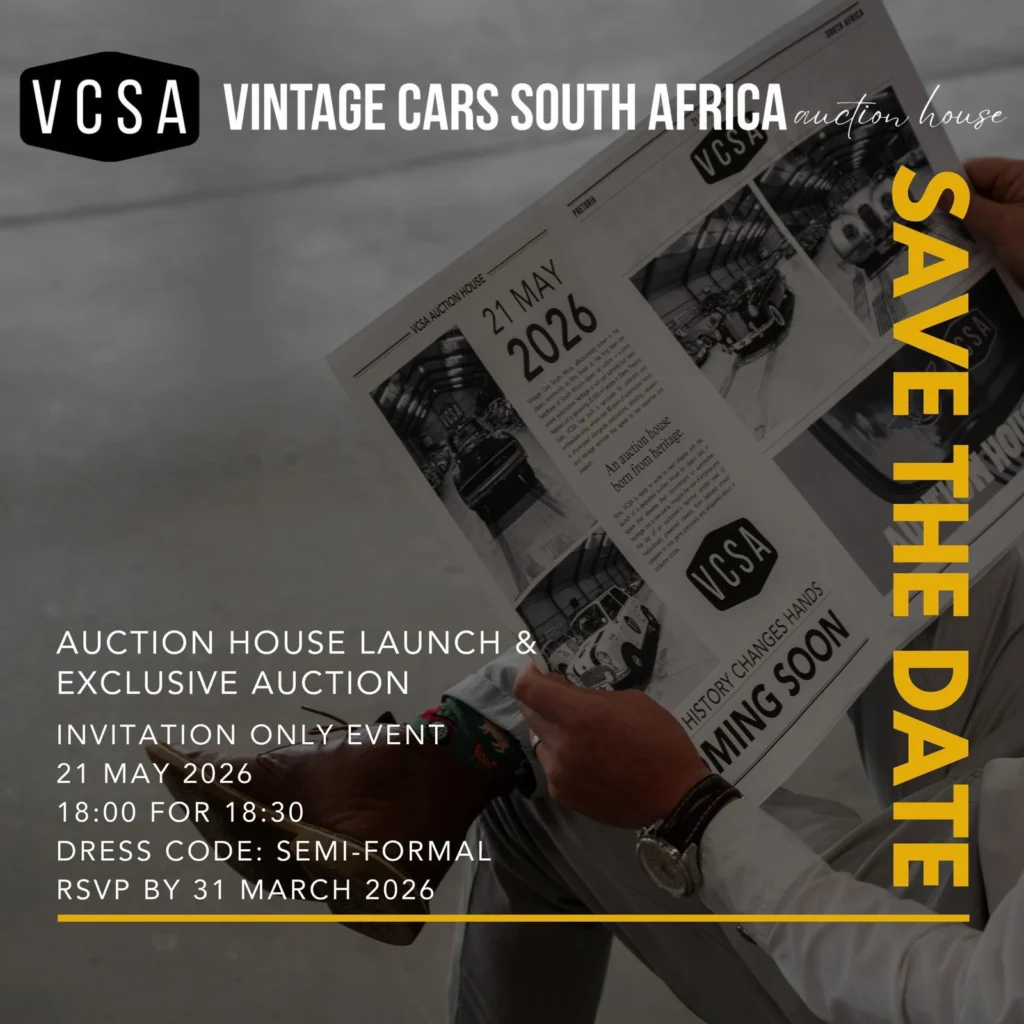 Poster for VCSA Vintage Cars South Africa auction house event with date 2 May 2026 and dress code semi-formal; invitation-only event.