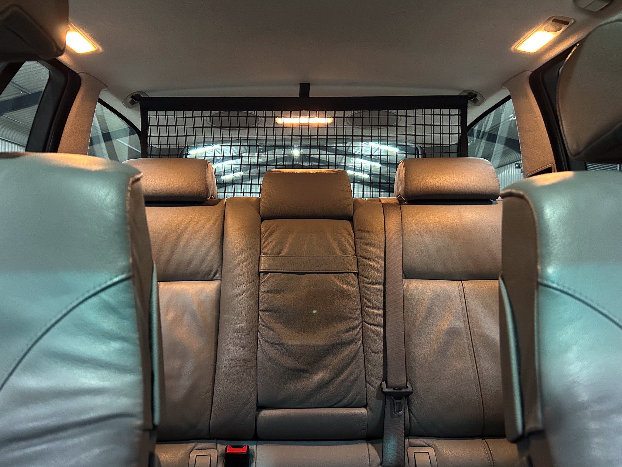 Rear passenger area of a car with tan leather seats and a metal mesh cargo barrier behind the back row.