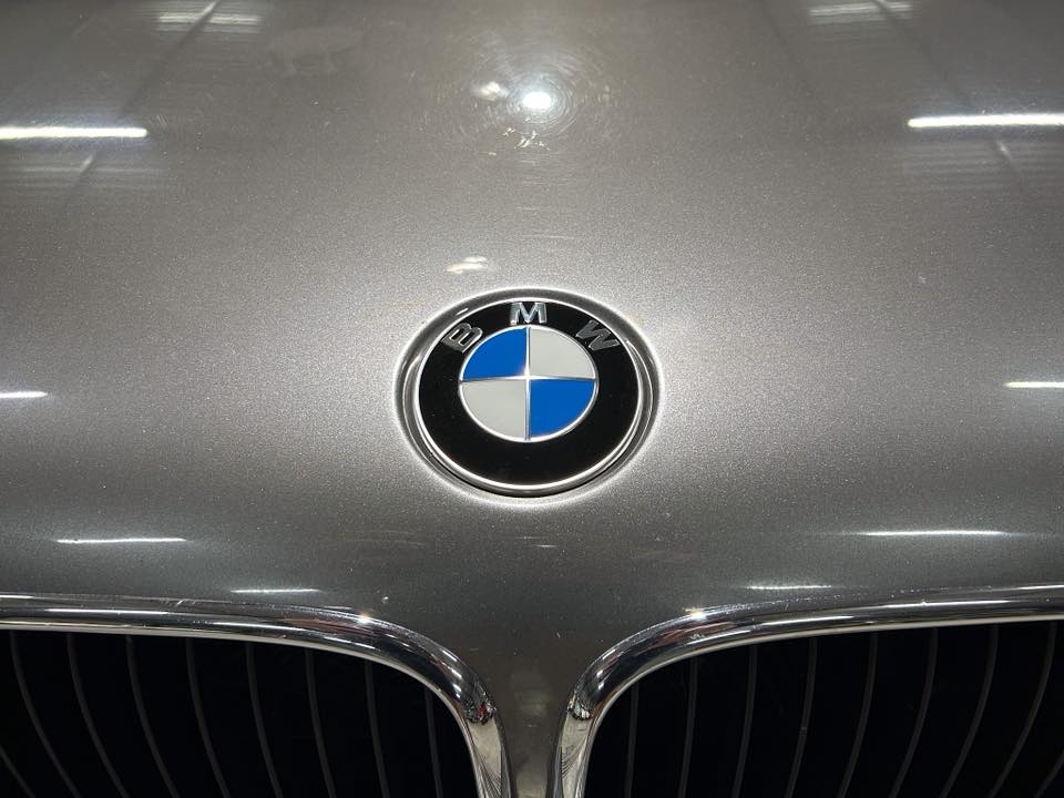 Close-up of a BMW roundel emblem on a metallic gray car hood above the kidney grille.