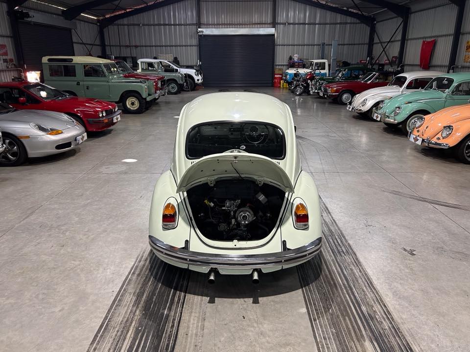 White vintage Volkswagen Beetle with its rear engine exposed in a spacious classic car showroom surrounded by other vintage vehicles.