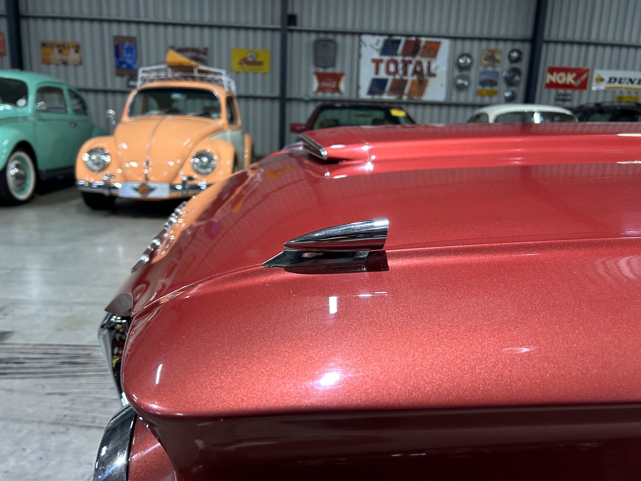 Close-up of a red vintage car hood with chrome trim, inside a showroom with other classic cars in the background.