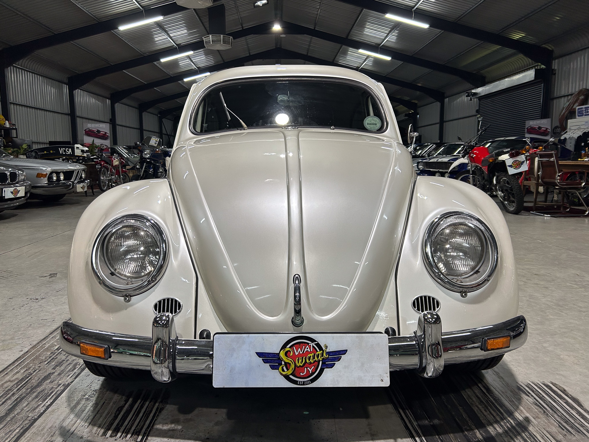 Front view of a vintage white car with rounded headlights in a showroom filled with classic vehicles.
