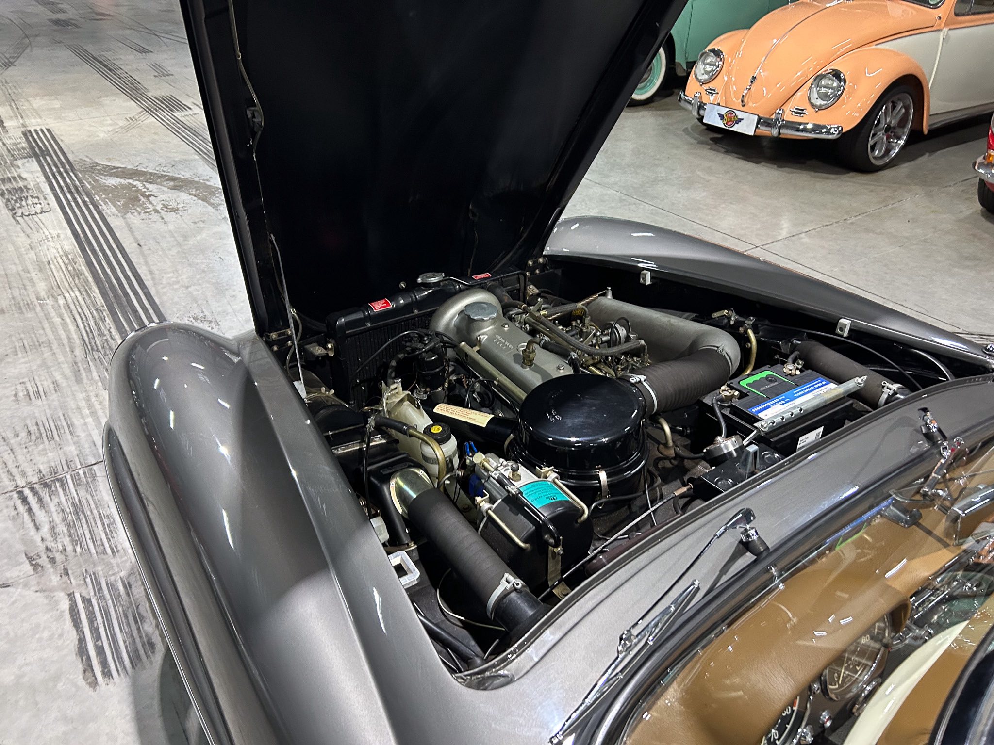 Close-up under the hood of a classic car showing the engine, with pastel vintage cars in orange and mint green in the background in a showroom.