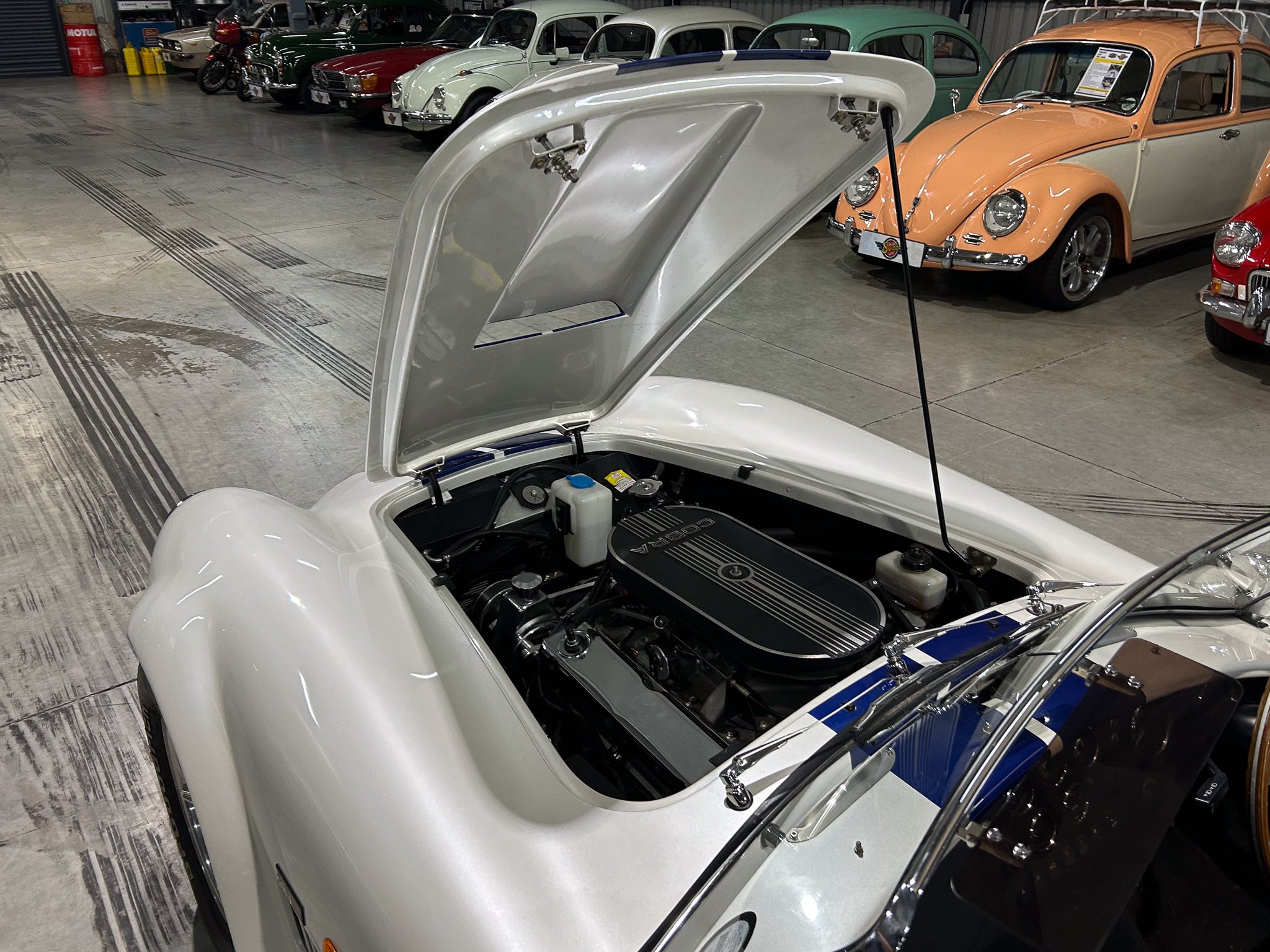 White classic car with open hood exposing engine, in a showroom with vintage cars in the background.