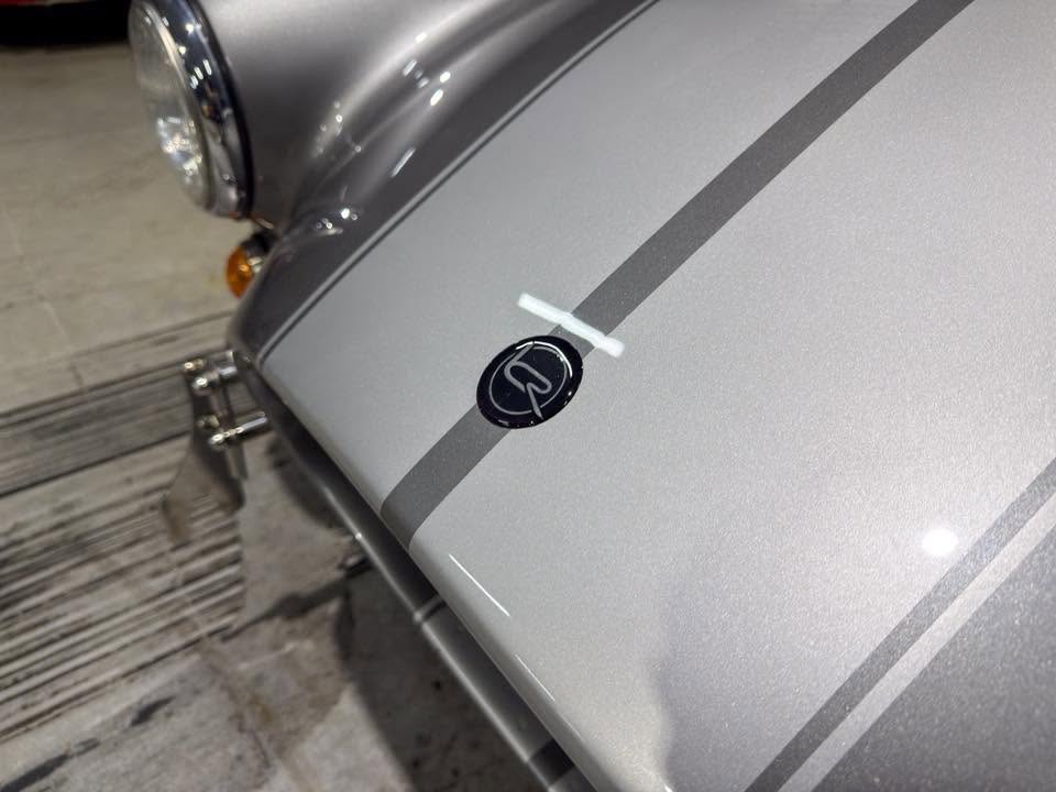 Close-up of a silver car hood with a black circular badge and gray racing stripe running along the surface.