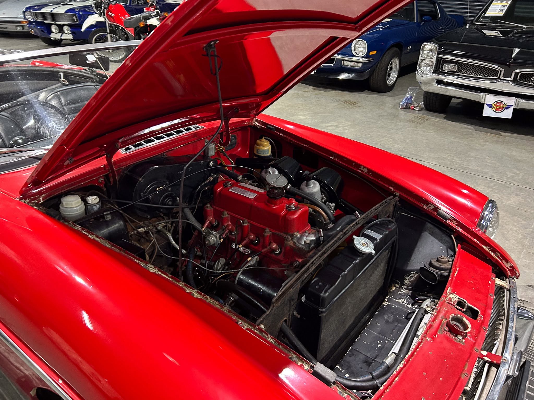Open hood of a red vintage car showing the engine bay in a car showroom with other classic cars in the background.