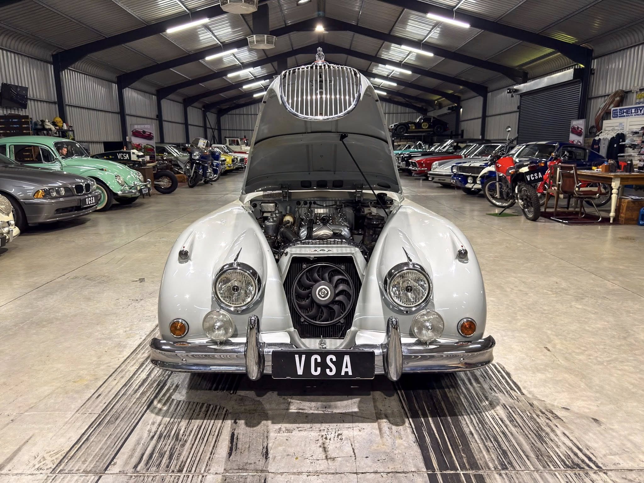 Front view of a vintage silver car with its hood open in a large showroom, surrounded by rows of classic vehicles under a metal ceiling.