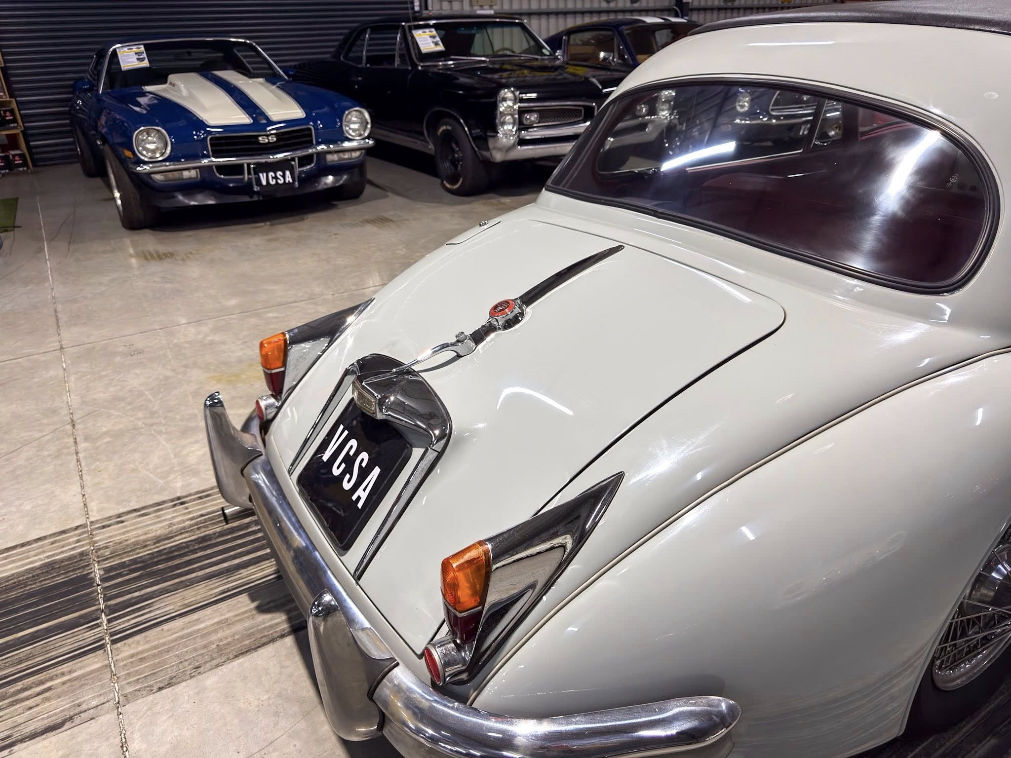 White vintage car with curved rear window and chrome bumper in a showroom; blue striped classic car in background.