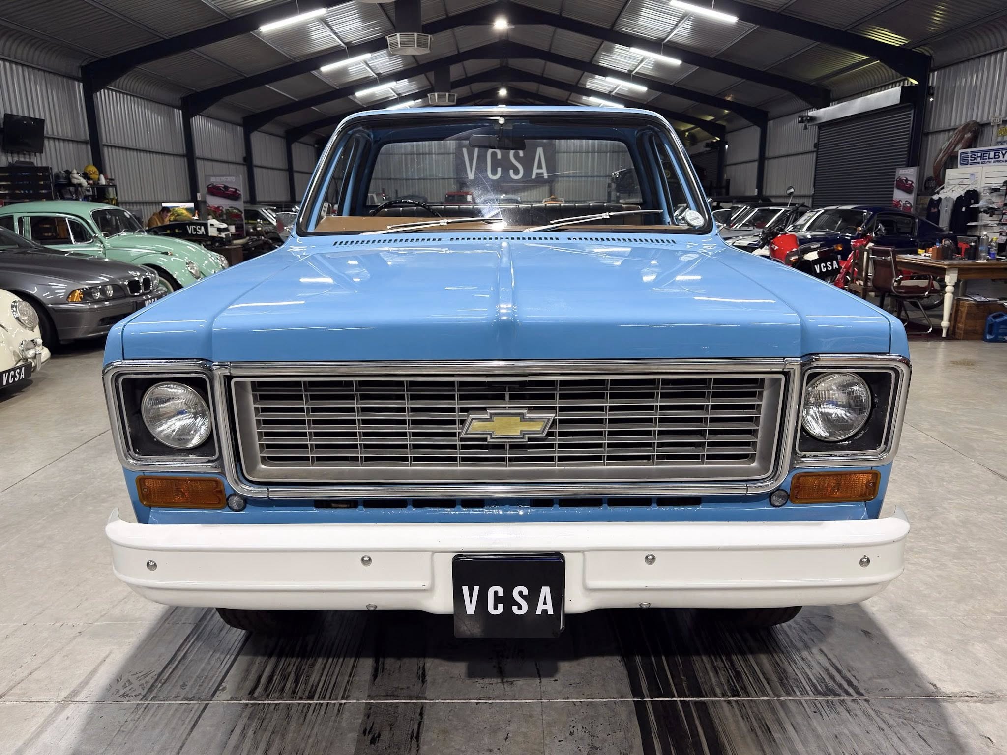Front view of a light blue vintage Chevrolet pickup inside a showroom, with other classic cars in the background, VCSA visible on windshield.