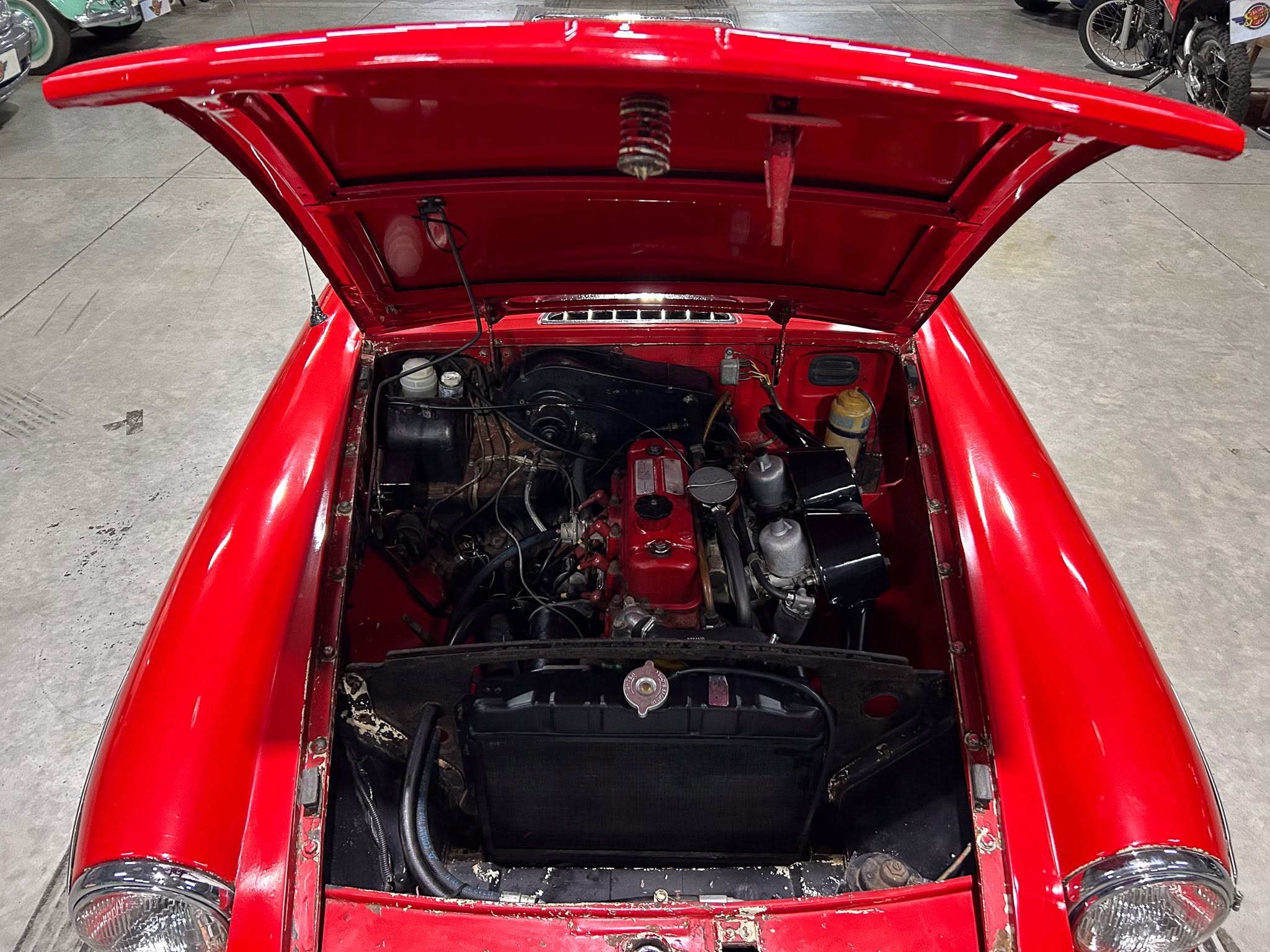 Red vintage car with its hood propped open, exposing a classic engine bay in a showroom setting.