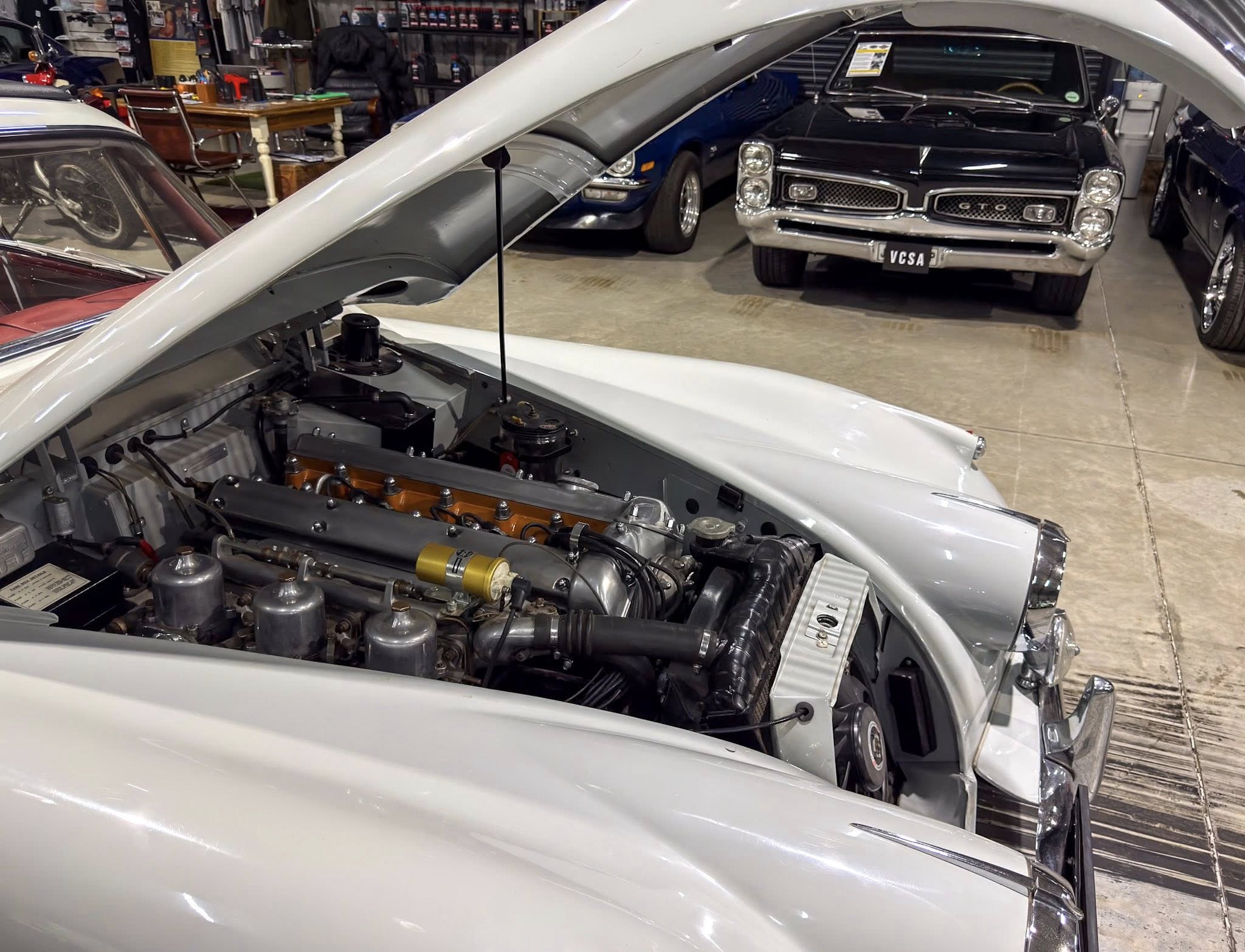 White classic car with hood up, exposing its engine in a showroom; other vintage cars visible in the background.