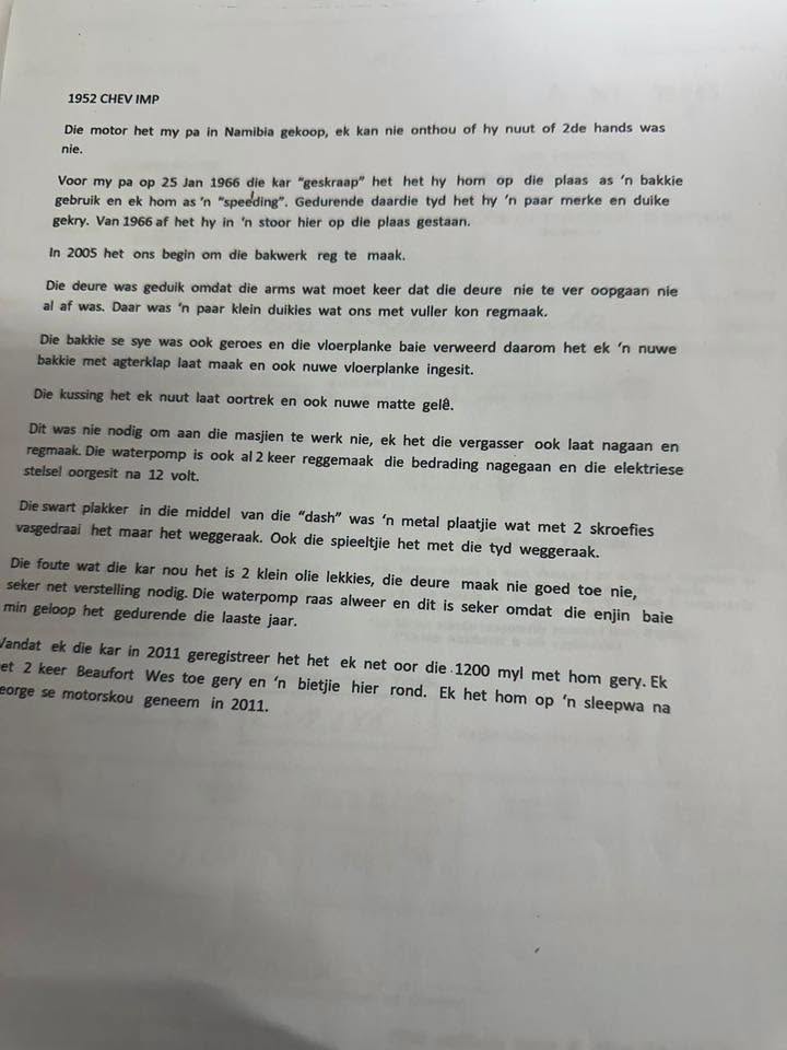 Typed Afrikaans document page recounting memories of a 1952 CHEV IMP, including buying in Namibia and later repairs.