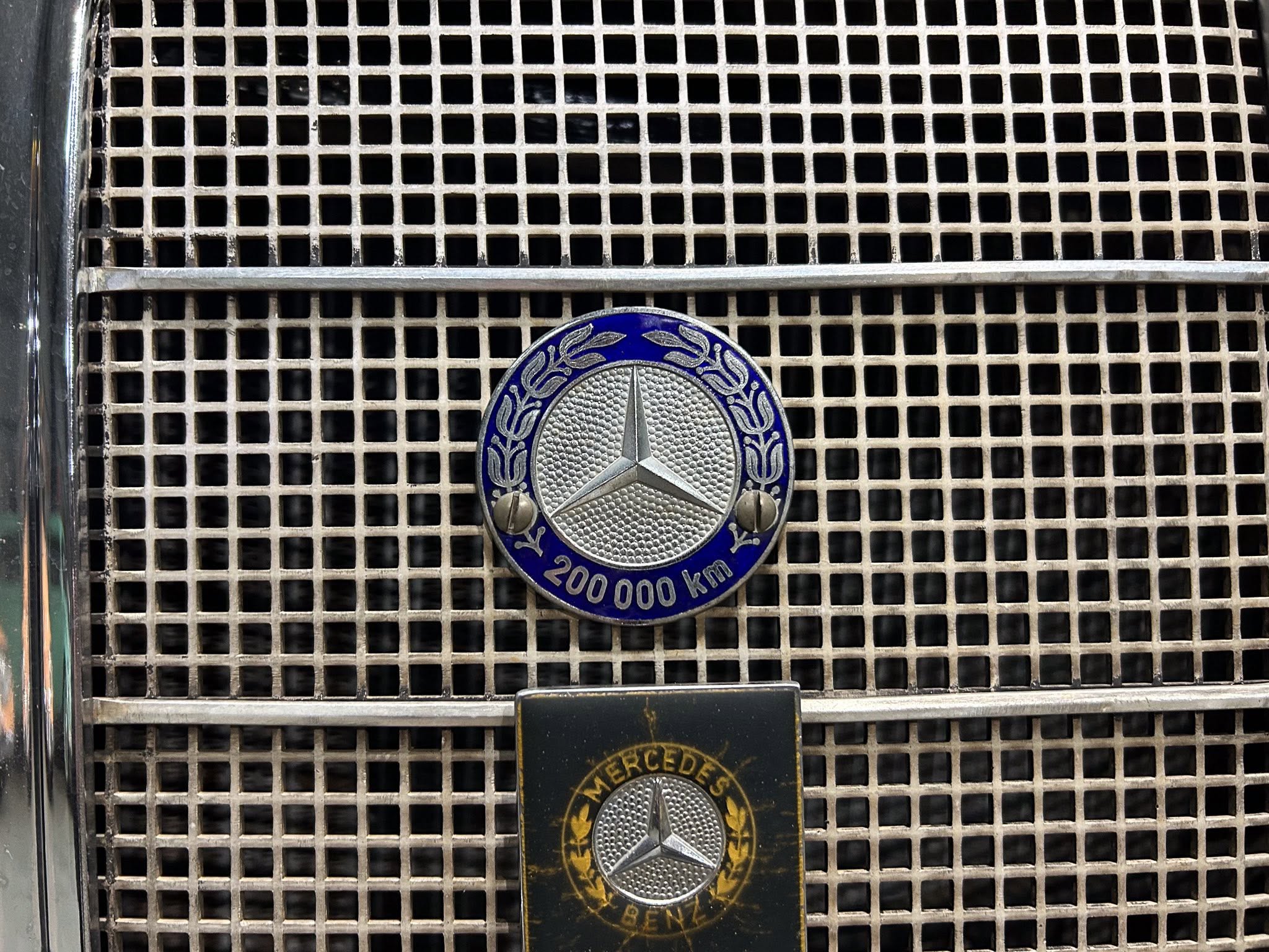 Close-up of a Mercedes-Benz emblem on a metal car grille