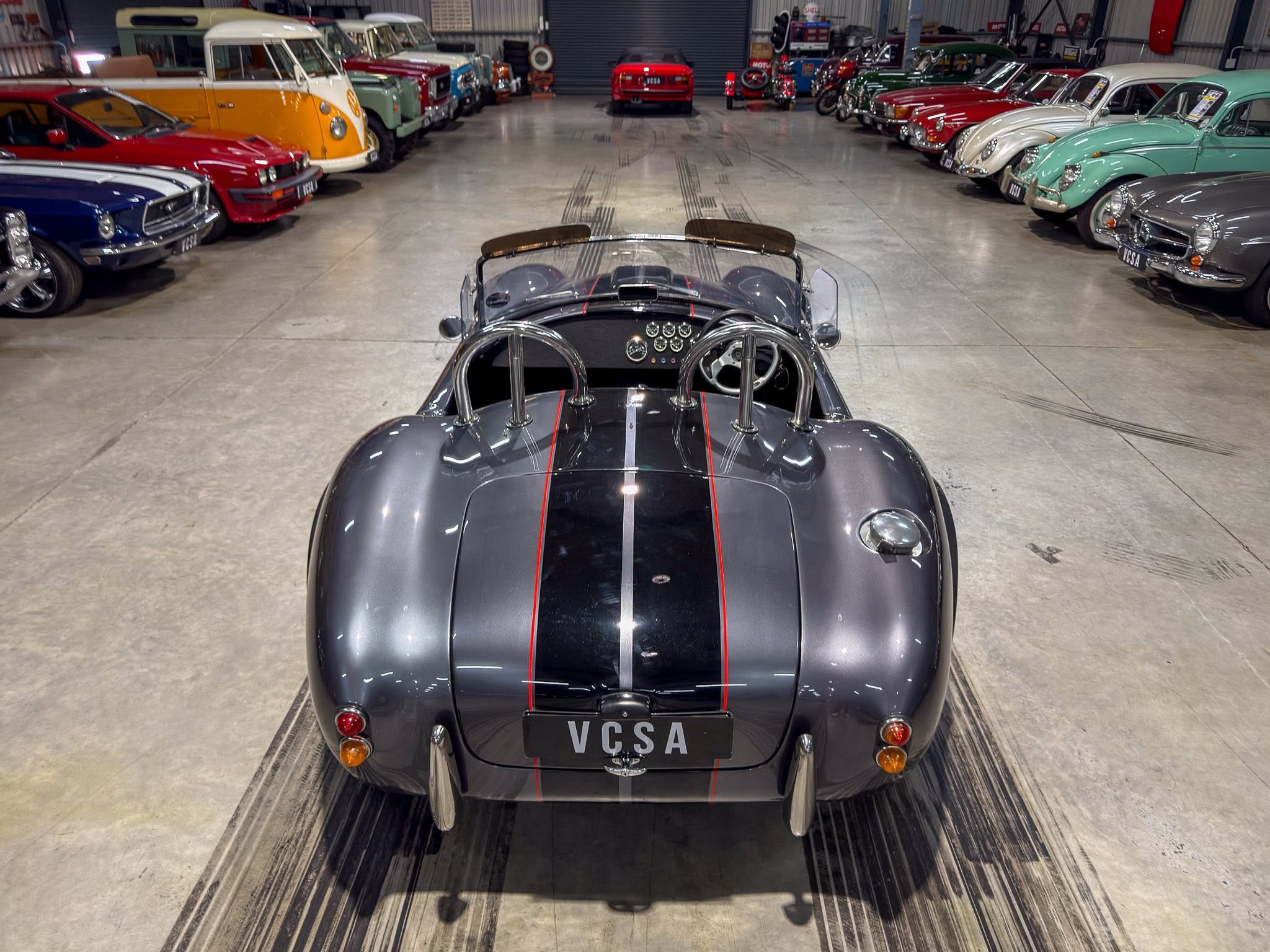 Rear view of a gray vintage convertible in a showroom, flanked by colorful classic cars on both sides.